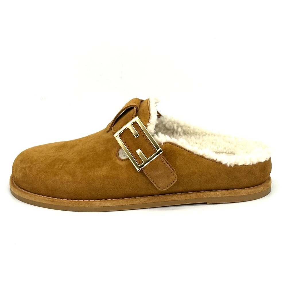 FENDI Feel FF Shearling Buckled Sabots Mules Slides Flat Clog Sandals - Picture 5 of 15